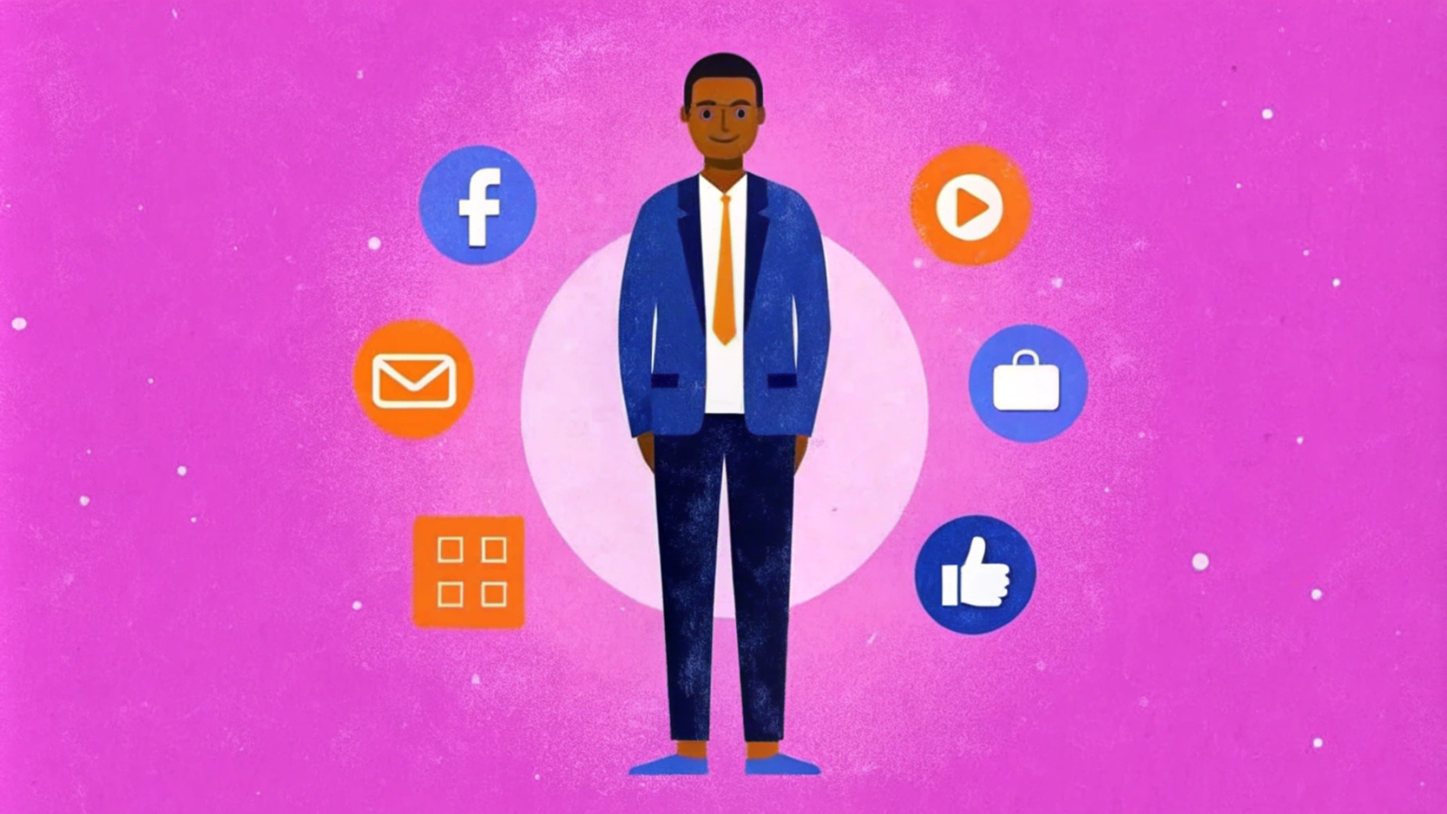 A business professional surrounded by icons for email, social media, and digital tools on a pink background.