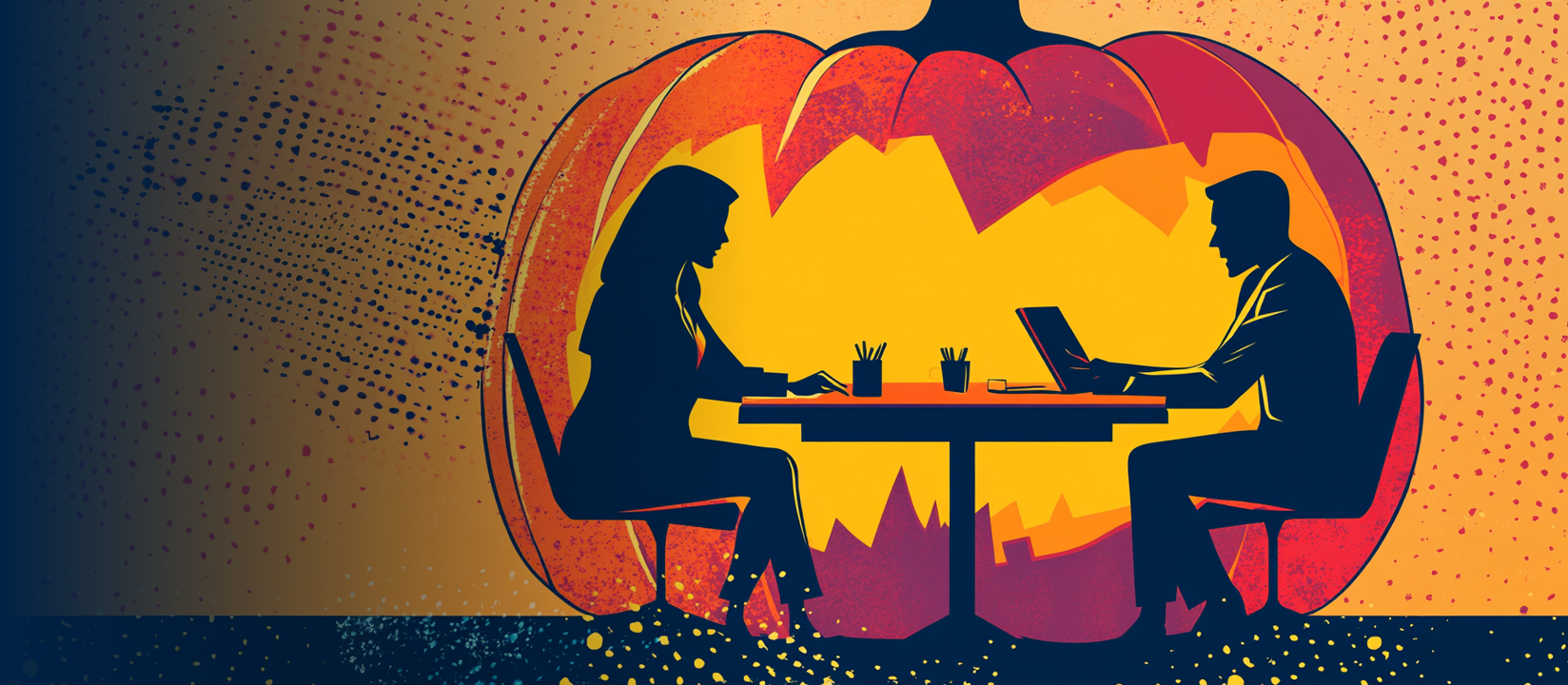 Two people working at a table inside a glowing jack-o'-lantern backdrop.